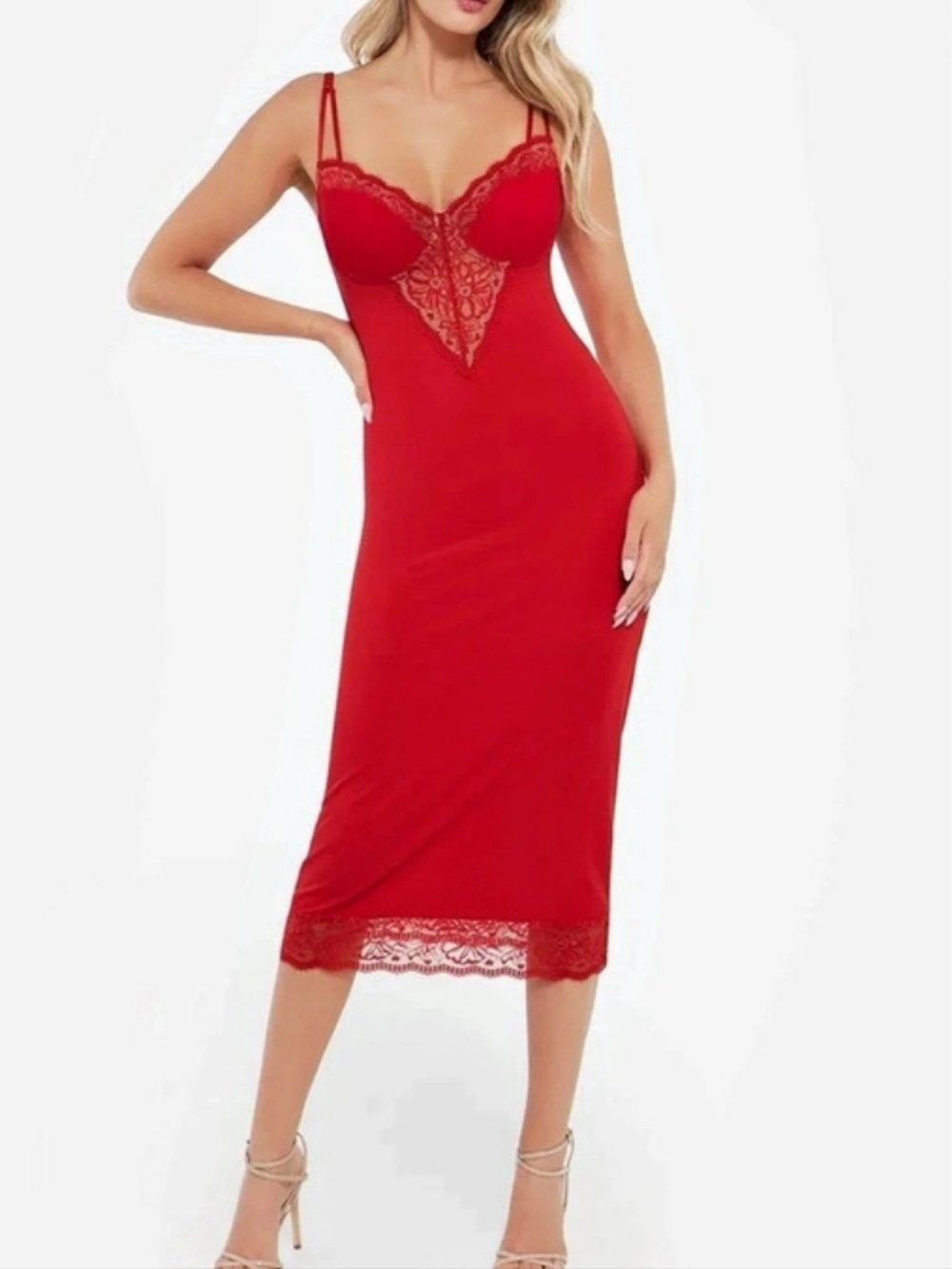 Red Lace Slip Dress Midi Bodycon Lingerie Style Romantic Cocktail Date Night